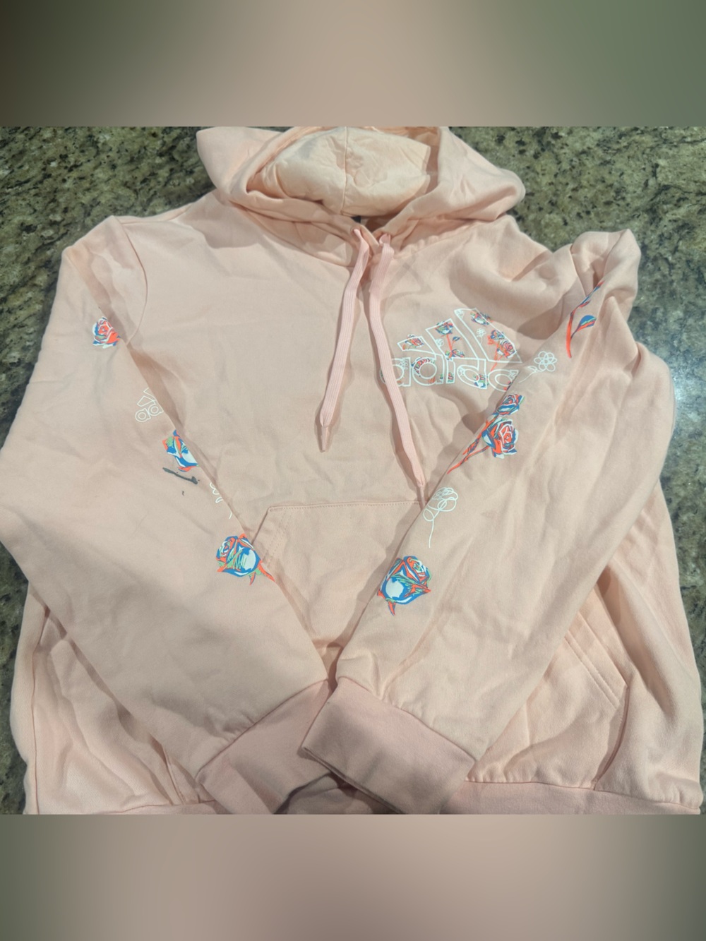 adidas Pale Pink Teddy Hoodie with Floral Sleeve Accents
